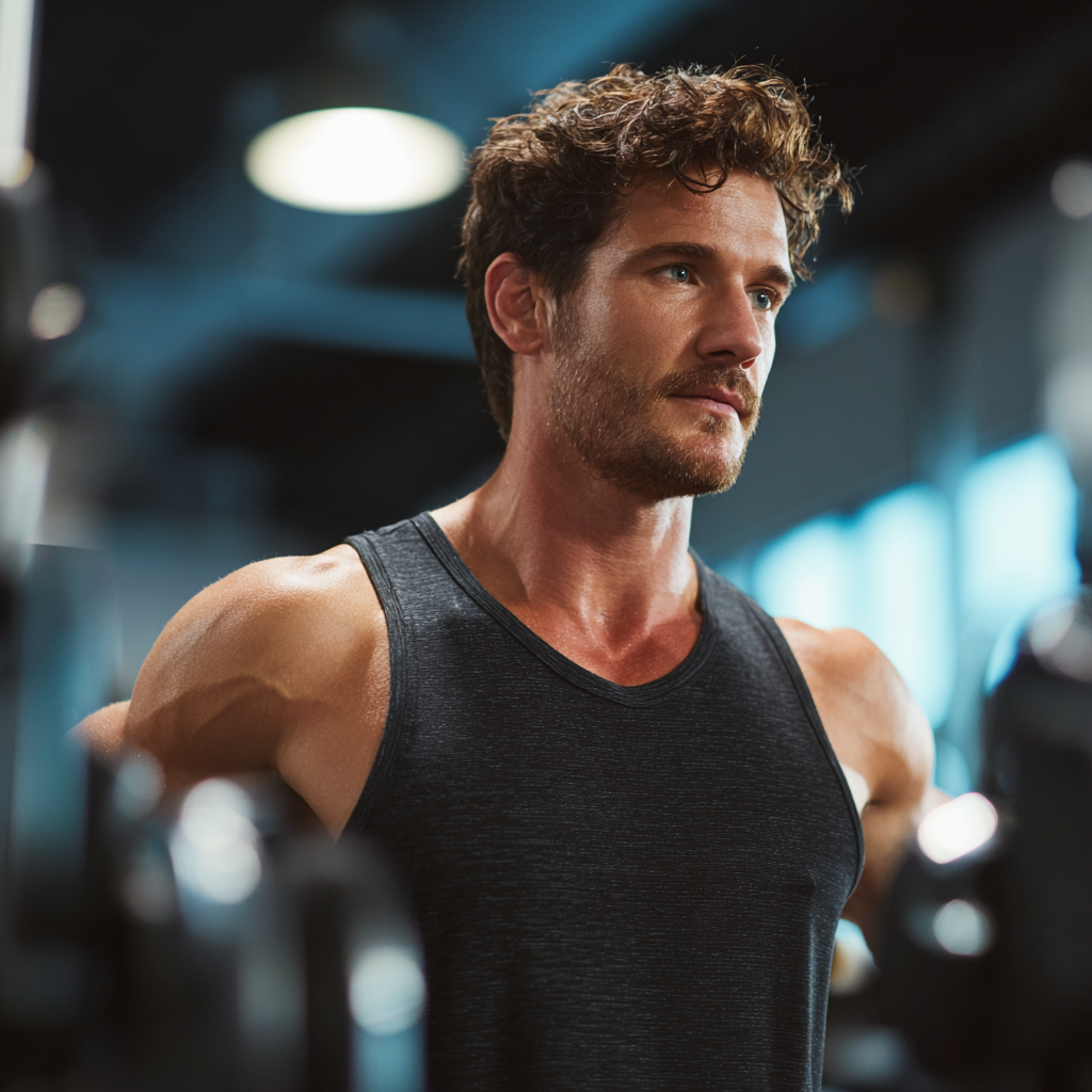 Strong confident man doing workout in modern gym, focused expression, athletic build