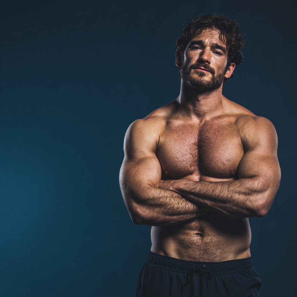 Before and after transformation, muscular man showing progress results, confident pose